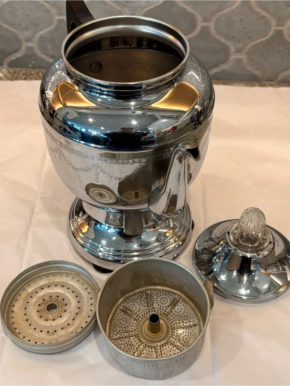 Vintage Farberware Electric Coffee Percolator Chrome Floral Etched Design